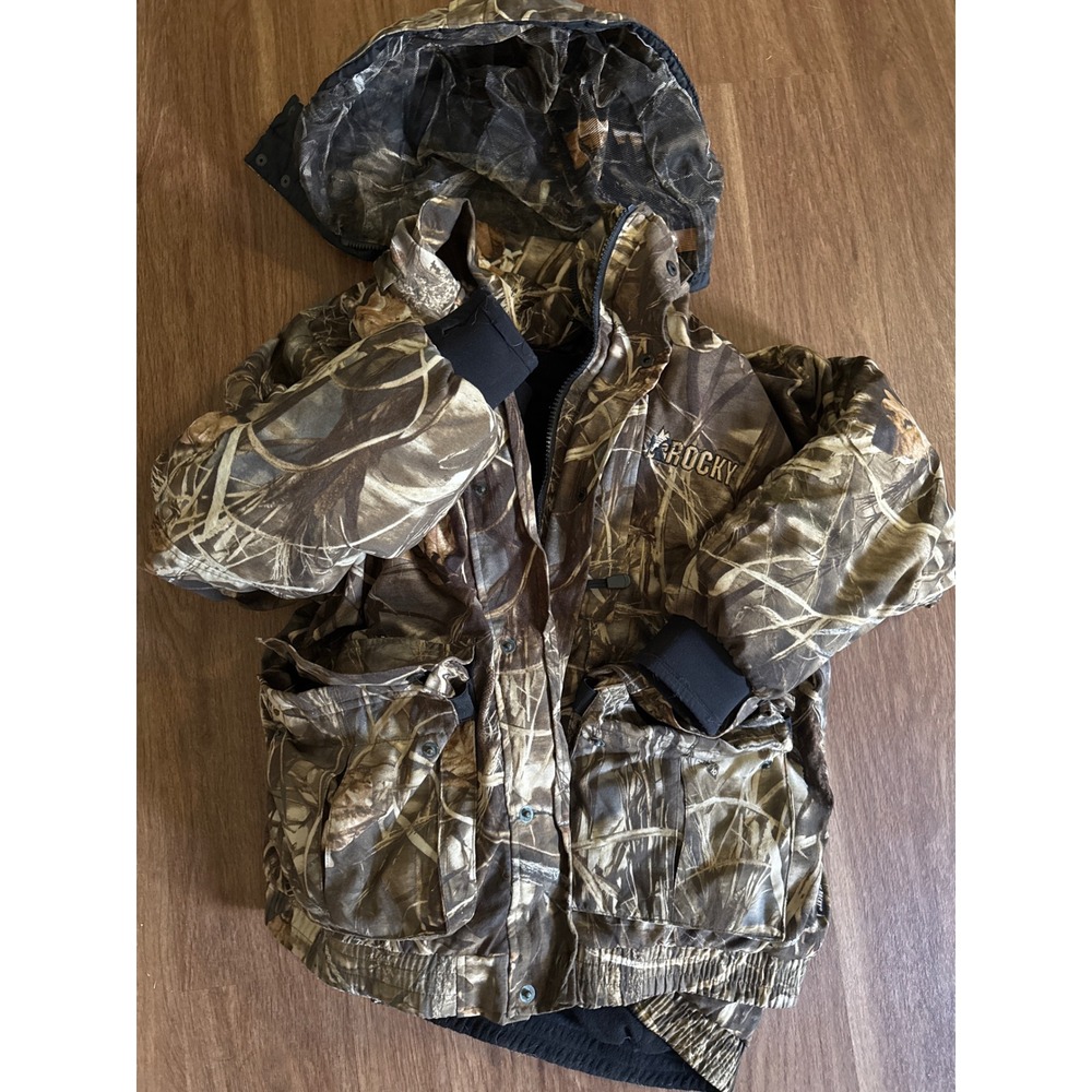 Rocky Mens Advantage Wetland Camo Hunting Jacket Fleece Lined Detachable Hood LG